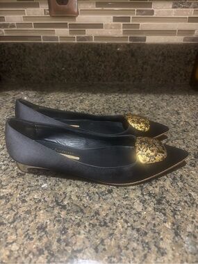 Rupert Sanderson Black Pointed Toe Flats with Gold/black enameled accents
